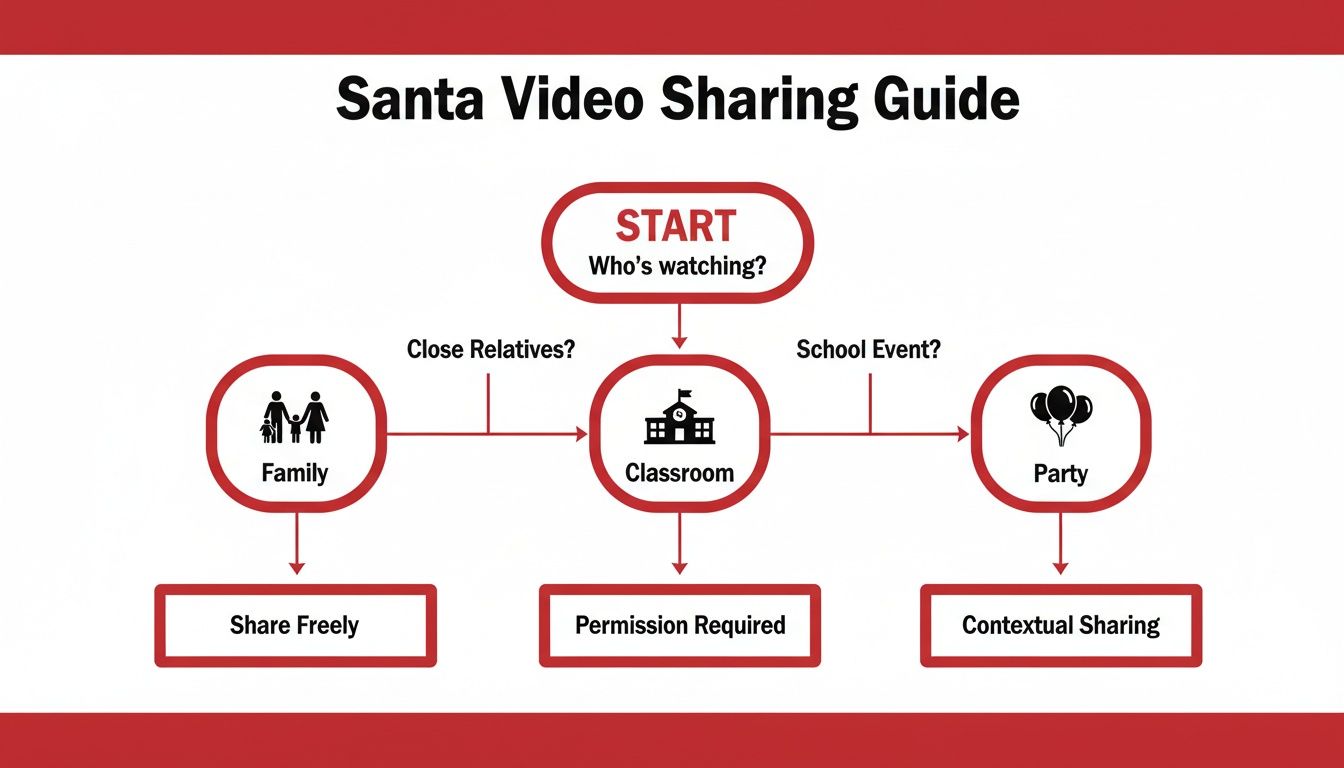 A flowchart guide for sharing Santa videos, based on audience (family, classroom, party) and required permissions.