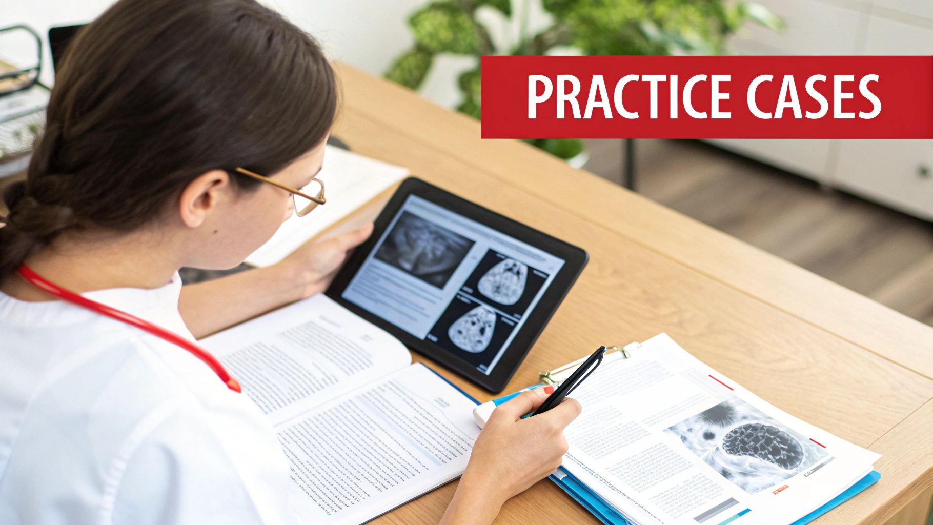 A doctor or student reviews medical images and texts for practice cases on a tablet and paper.