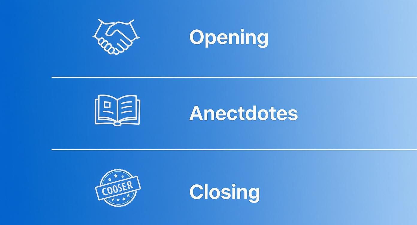 Three blue sections outline a presentation structure: Opening with a handshake, Anecdotes with a book, and Closing with a stamp.