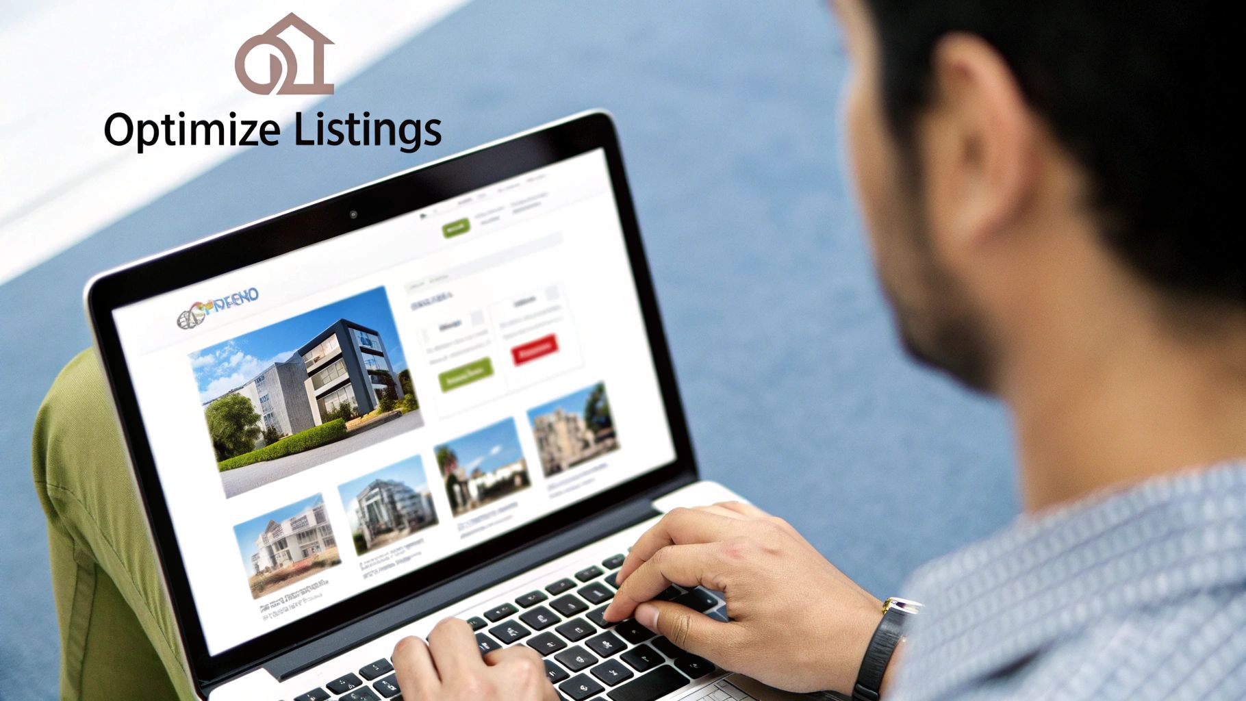 A person using a laptop to update business information on a local directory listing, with icons representing photos, hours, and services.