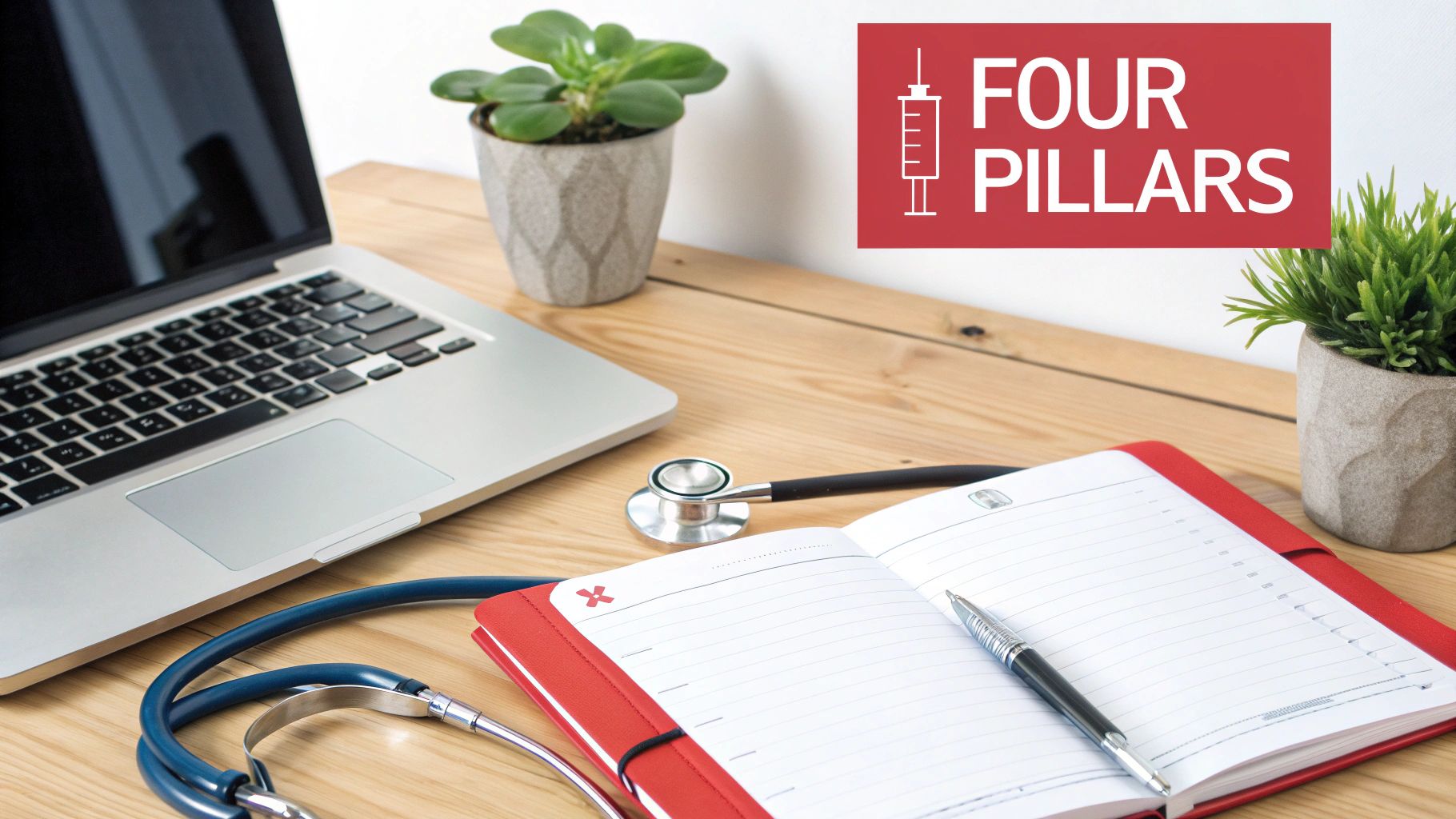 A medical desk setup with a laptop, stethoscope, notebook, and a red sign saying 'FOUR PILLARS'.