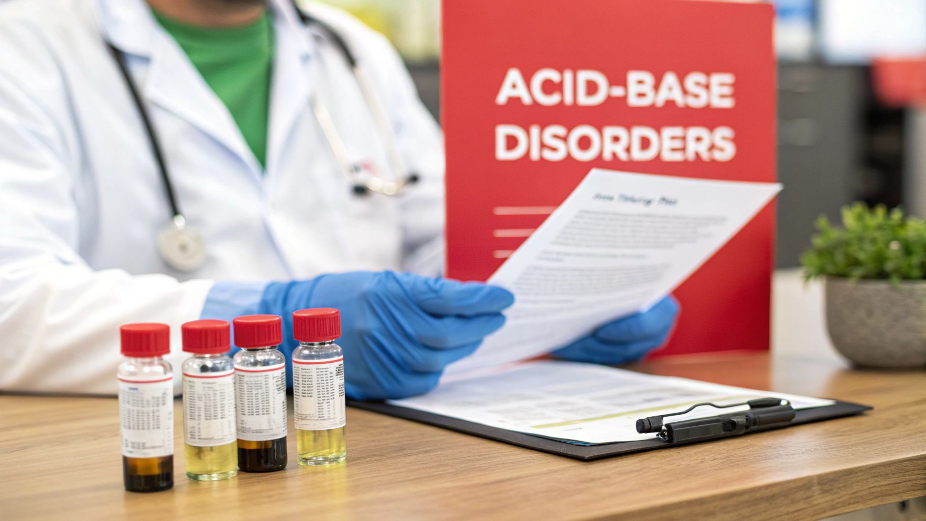 A doctor reviews patient documents while lab samples and an "Acid-Base Disorders" binder are on a desk.