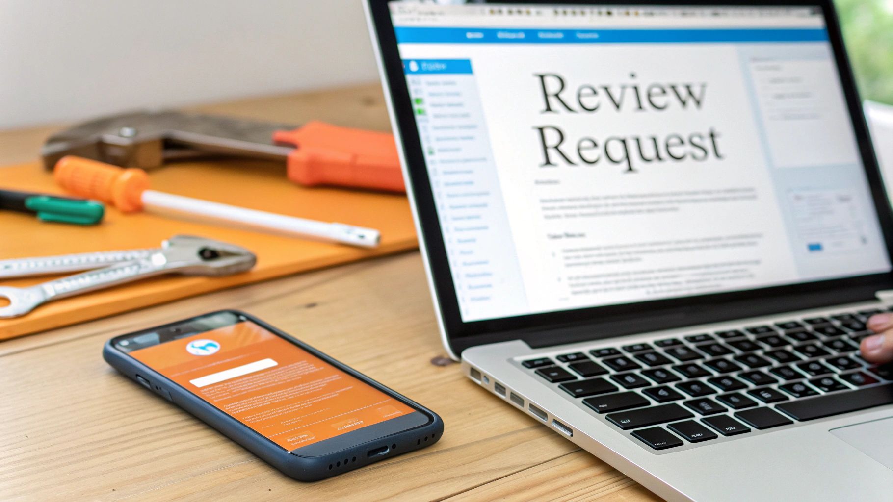 Person typing on a laptop displaying 'Review Request' on screen, with a phone and tools on a wooden desk.
