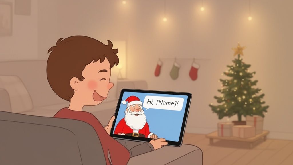 A happy cartoon boy watches a personalized video message from Santa Claus on a tablet in a festive room.