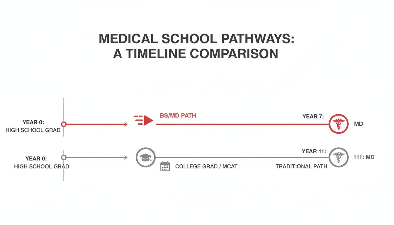 A timeline comparison showing BS/MD and Traditional medical school pathways from high school graduation to MD.