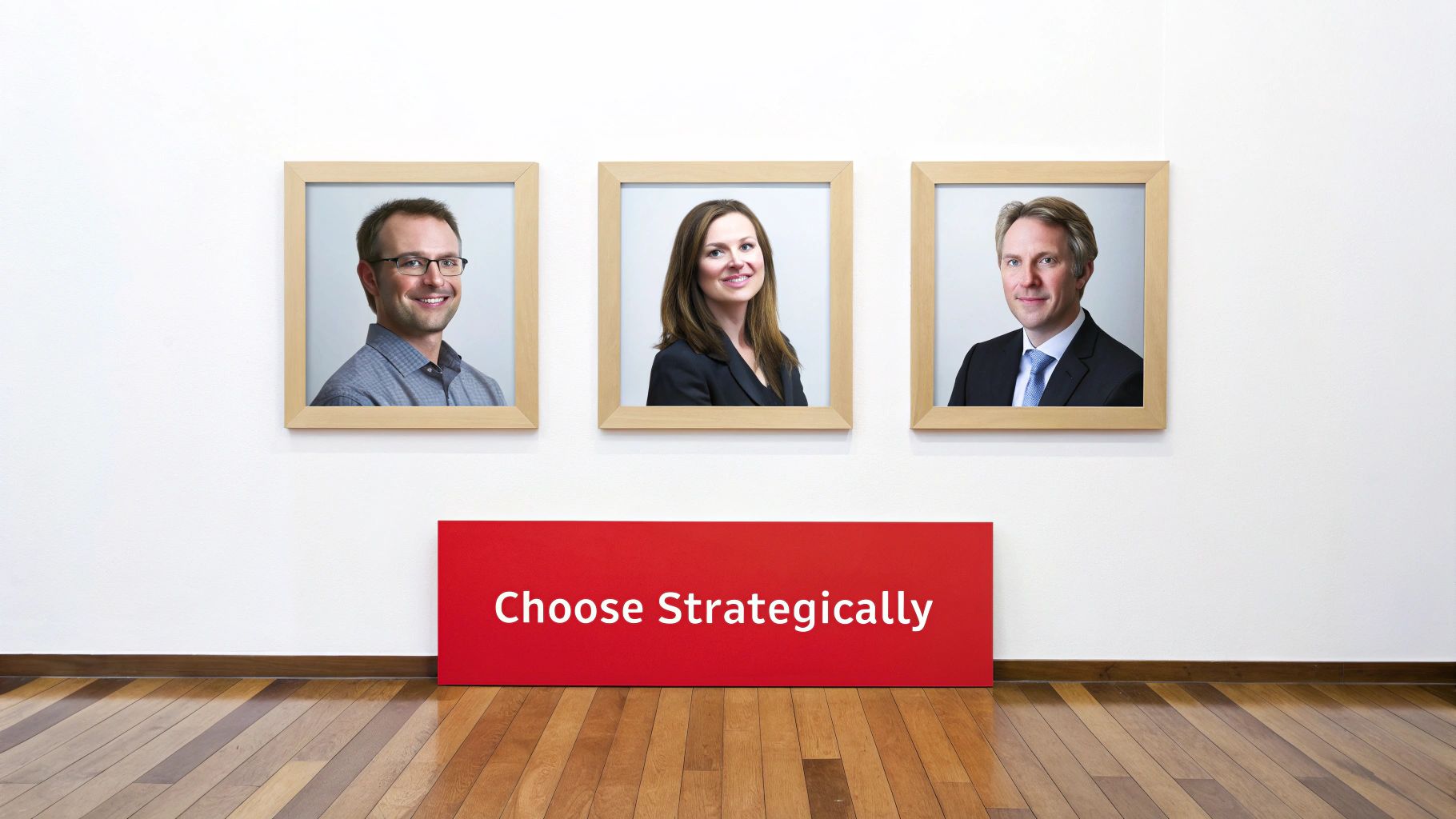Three professional headshots in wooden frames on a white wall with a red 'Choose Strategically' sign.