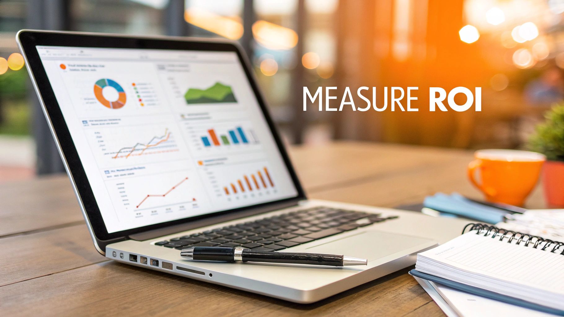 Laptop displaying business analytics charts, a pen, notebook, and 'MEASURE ROI' text on a wooden desk.