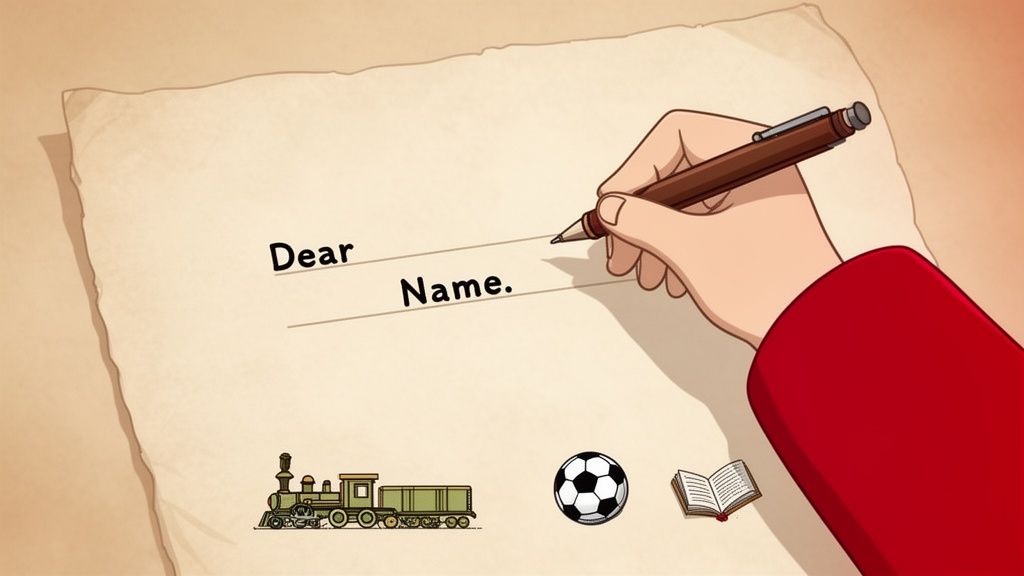 A hand writes 'Dear Name.' on a letter, with illustrations of a train, soccer ball, and book.