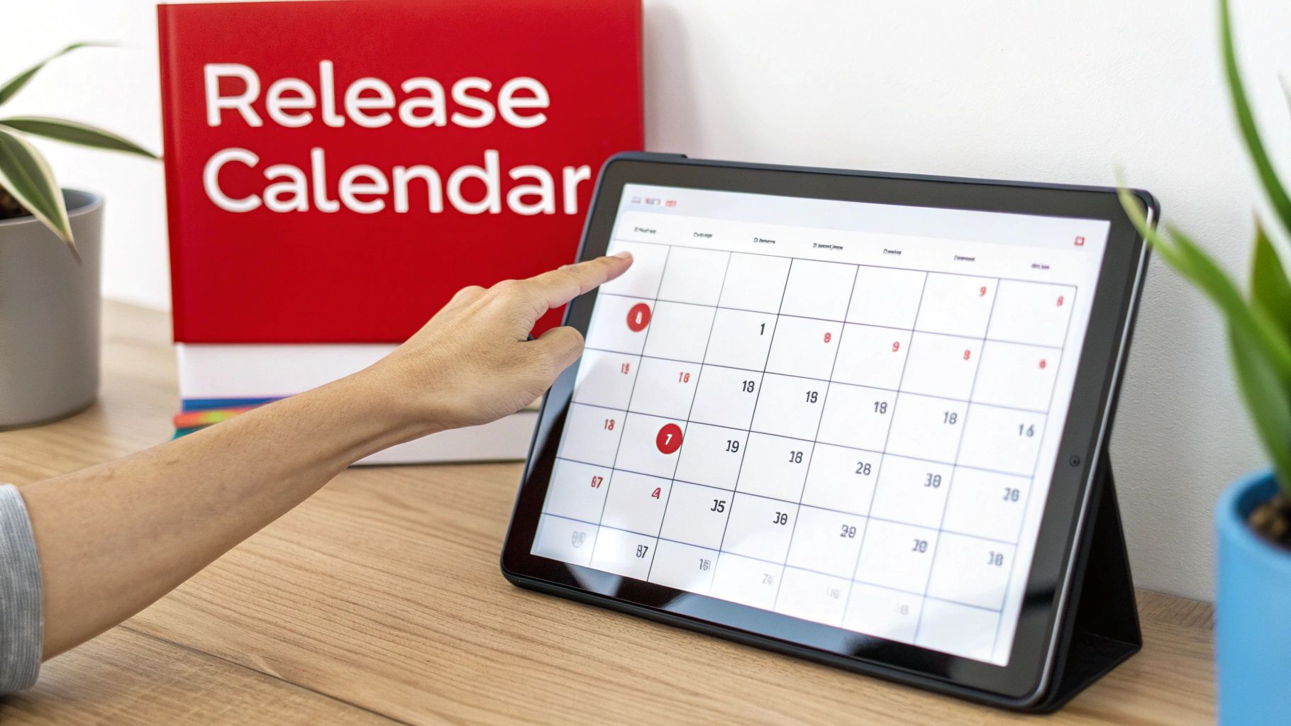 A hand points at a digital release calendar on a tablet, with a red 'Release Calendar' binder in the background.