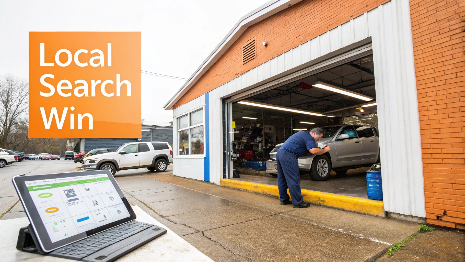 A mechanic works in an auto repair shop, with 'Local Search Win' text and a tablet, symbolizing digital success.