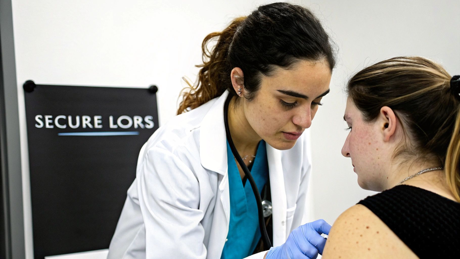 Medical student in a professional setting, looking confidently at the camera during what appears to be an interview.