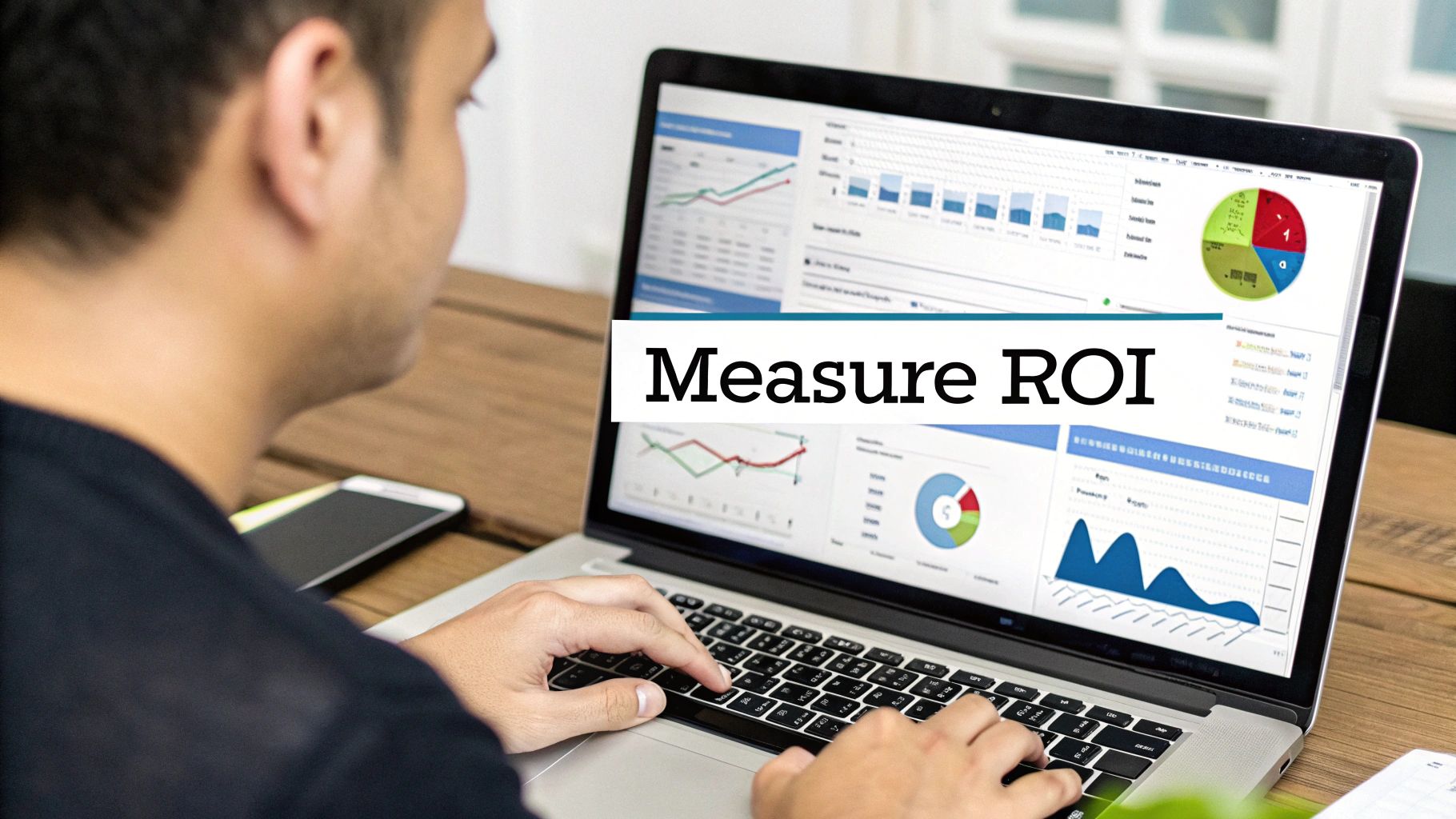 A person analyzing graphs and charts on a large computer screen, representing SEO content performance and ROI.
