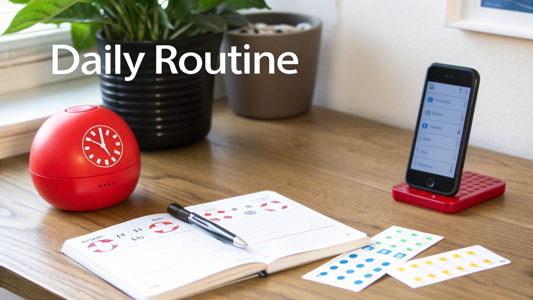 A desk with a red timer, open notebook, pen, and smartphone, indicating daily routine planning.