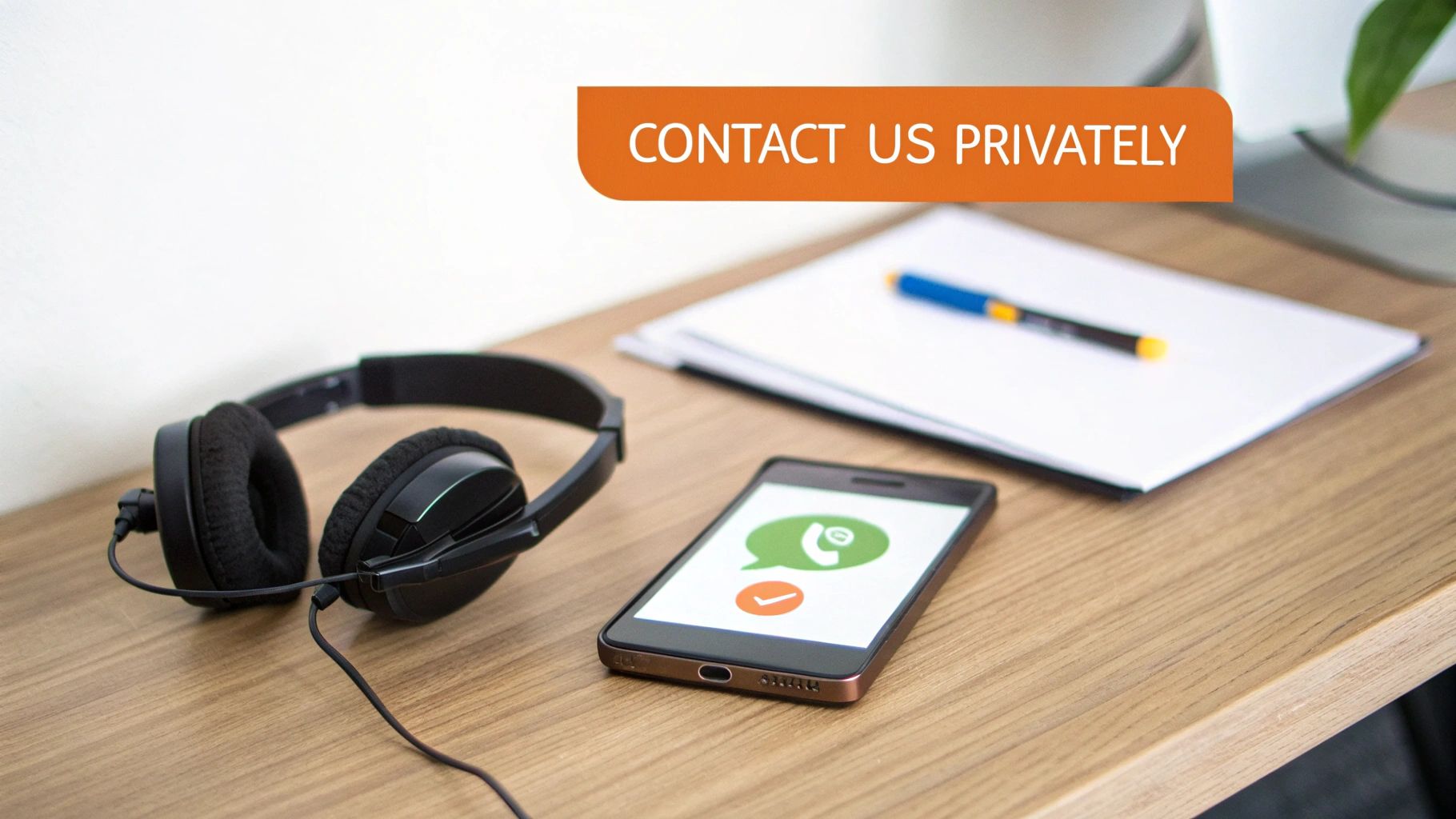 Headphones, smartphone with chat app icon, and notepad on a desk with a 'CONTACT US PRIVATELY' banner.