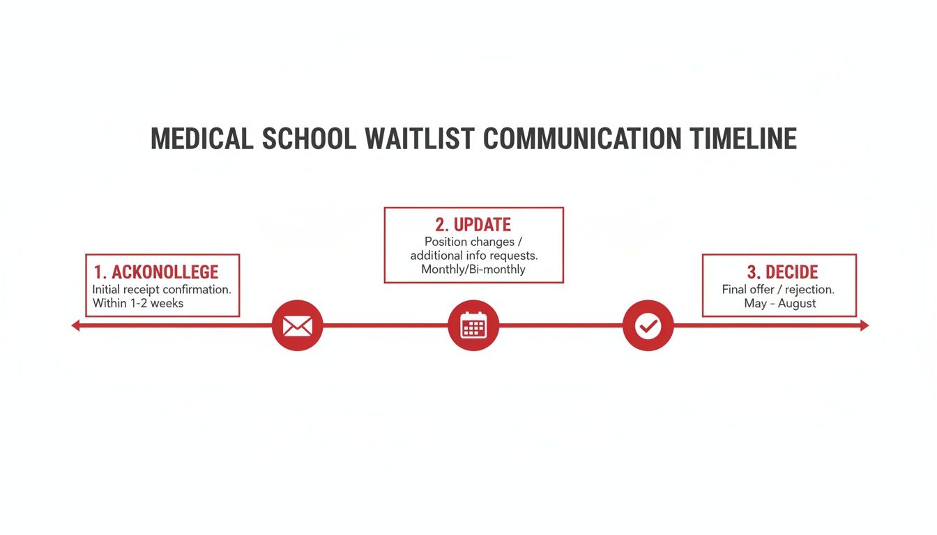 Medical school waitlist communication timeline illustrating three key steps: acknowledge, update, and decide.