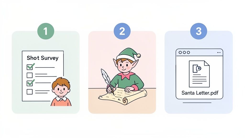 Three-step process: child takes survey, an elf writes a letter to Santa, and a Santa Letter PDF is generated.