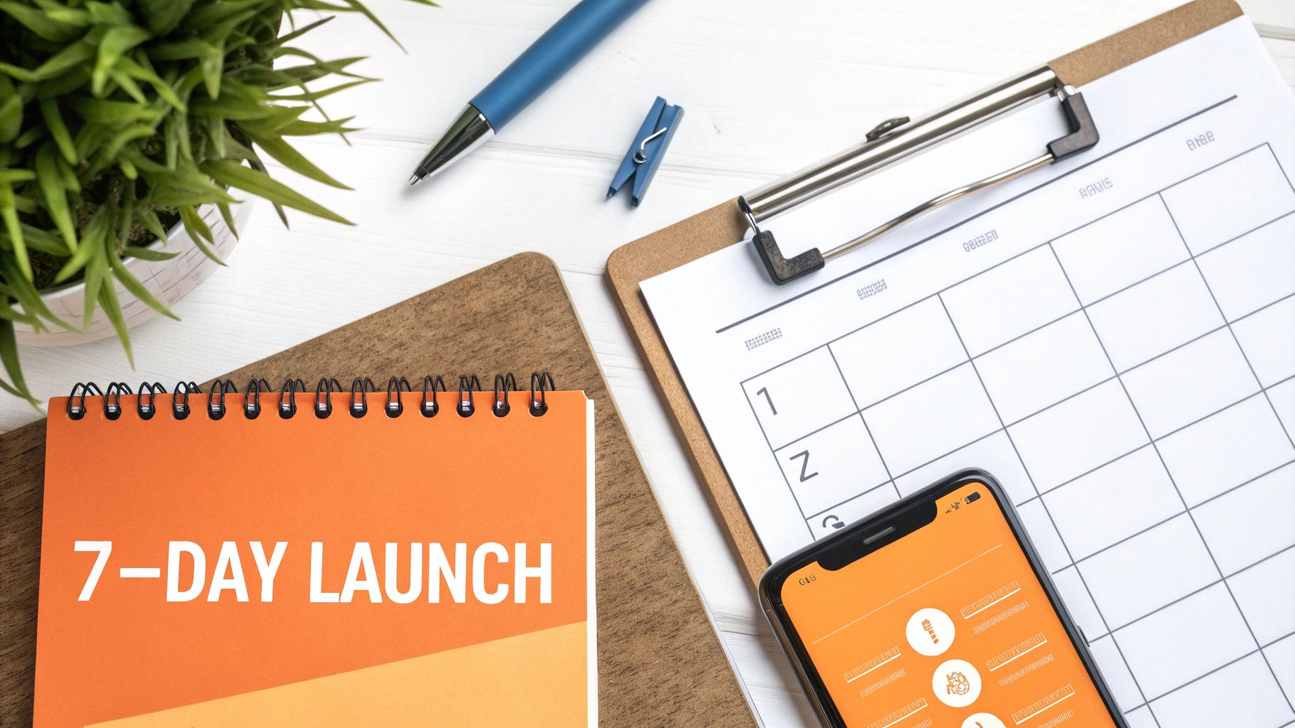 A flat lay shows a 7-day launch notebook, smartphone, calendar, and pen on a white desk.