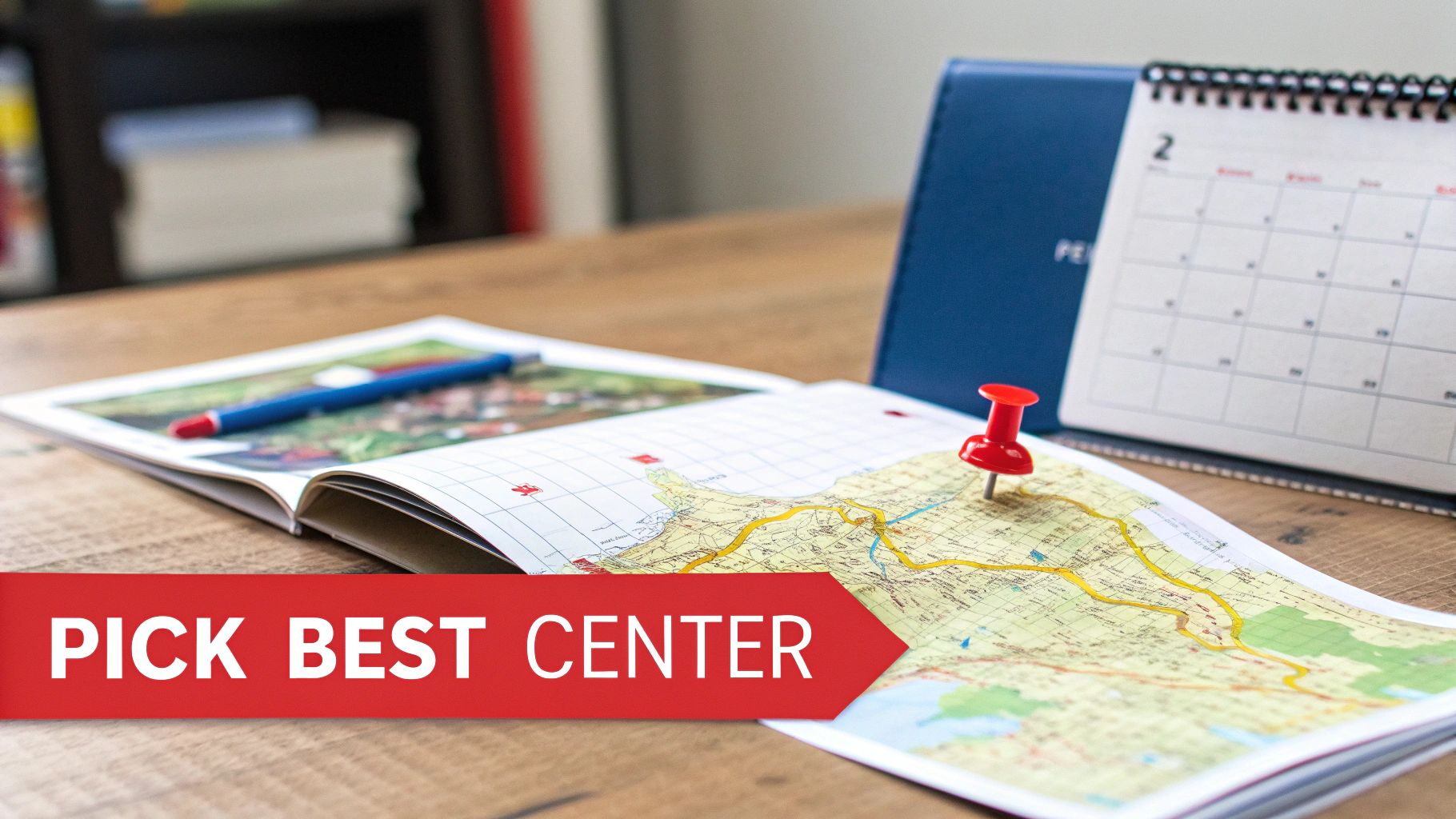 A desk with an open map, a red thumbtack marking a spot, a blue pen, and a calendar, suggesting planning or decision-making.