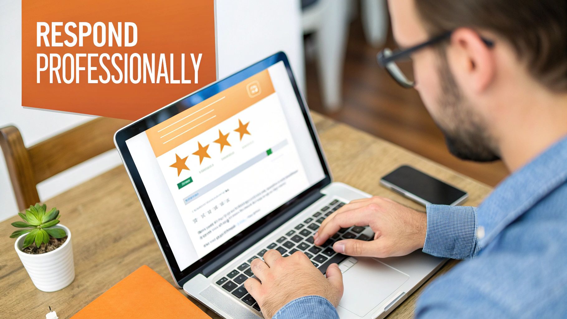 Man typing on a laptop, displaying an online review page with three stars, and a banner reading 'RESPOND PROFESSIONALLY'.