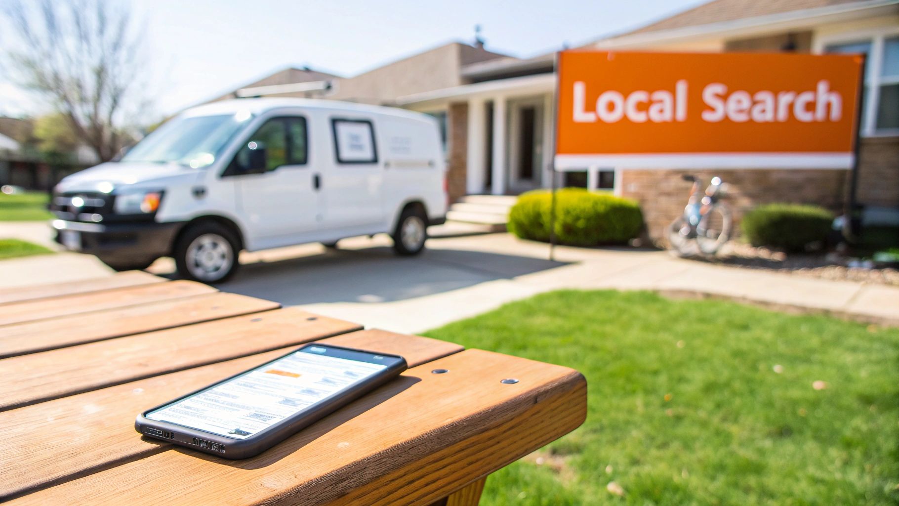 A smartphone on a picnic table, a white service van, and a 'Local Search' sign outside a house.