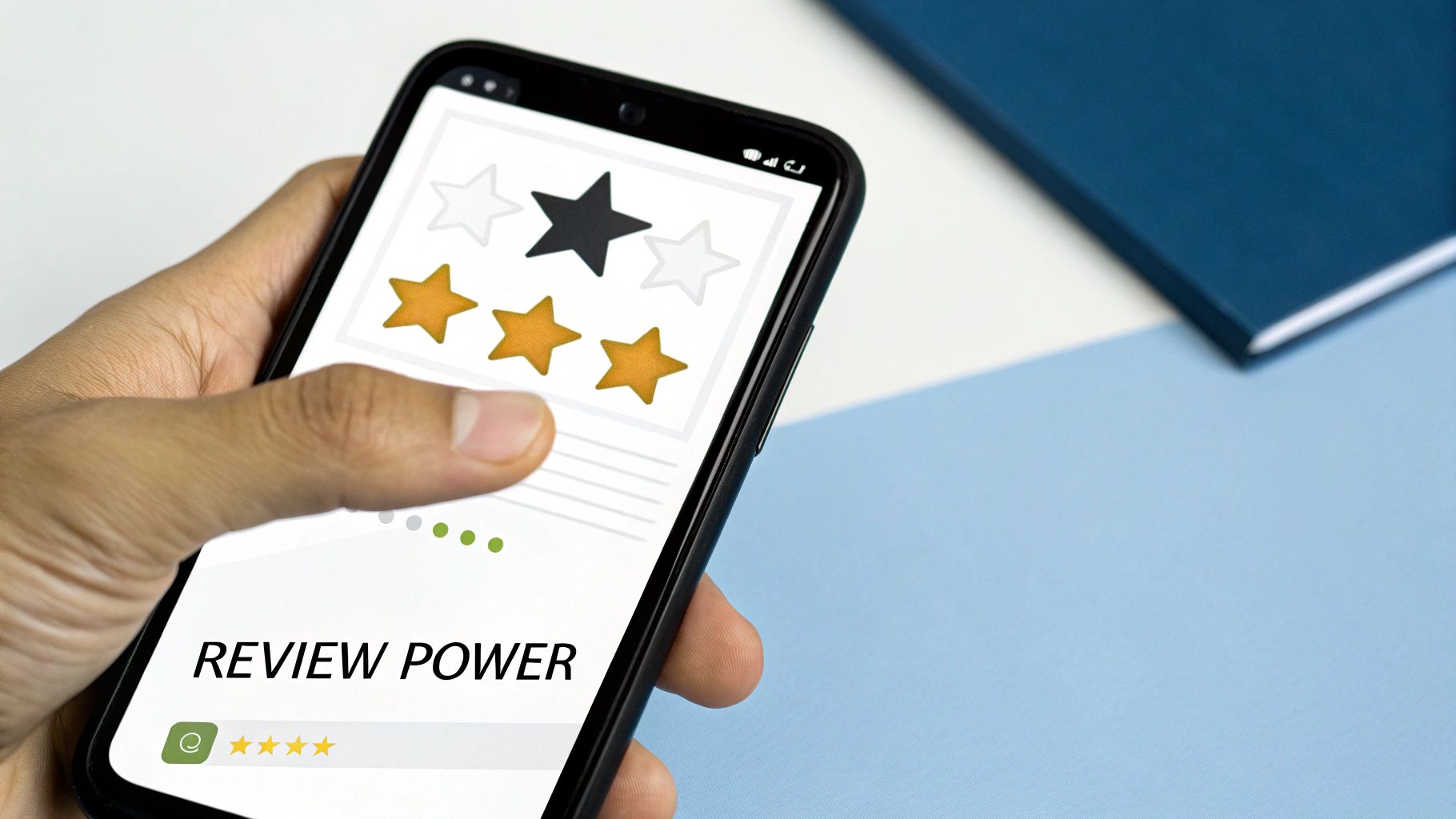 A smartphone displaying a five-star rating with customer review comments in the background.