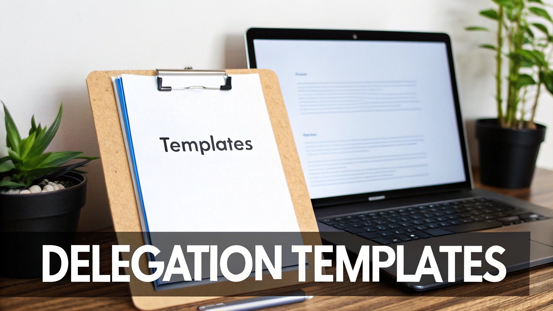 A clipboard showing 'Templates' and a laptop on a wooden desk with plants, illustrating delegation templates.