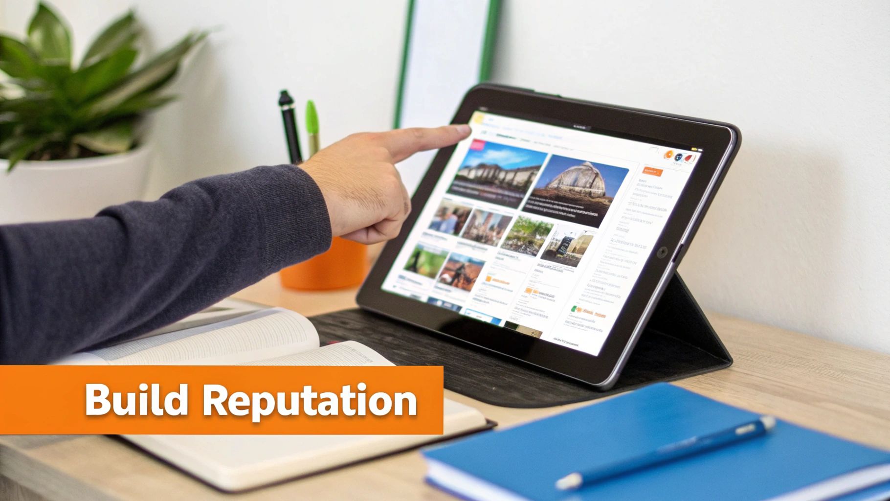 A hand interacts with a tablet displaying a website, surrounded by office items and a 'Build Reputation' banner.