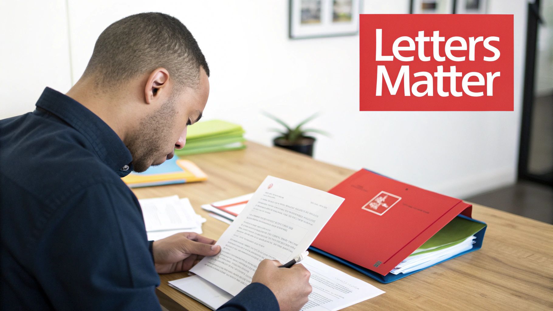 A man intently reads and signs a letter at a desk, with folders and a "Letters Matter" logo.