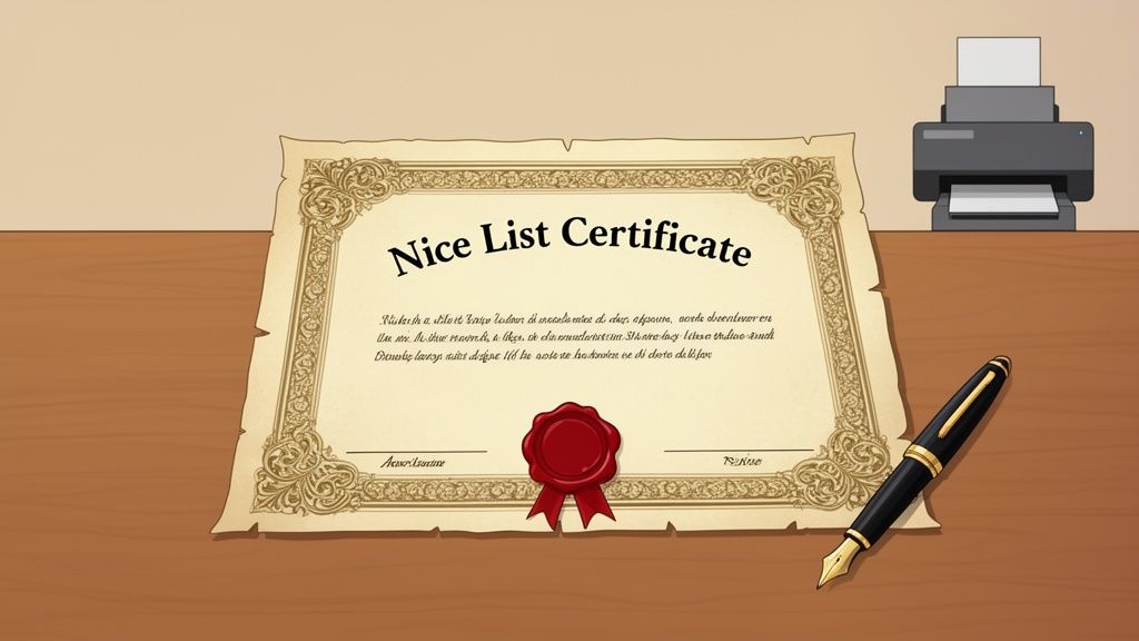 A "Nice List Certificate" with ornate border and a red wax seal, next to a pen and a printer.