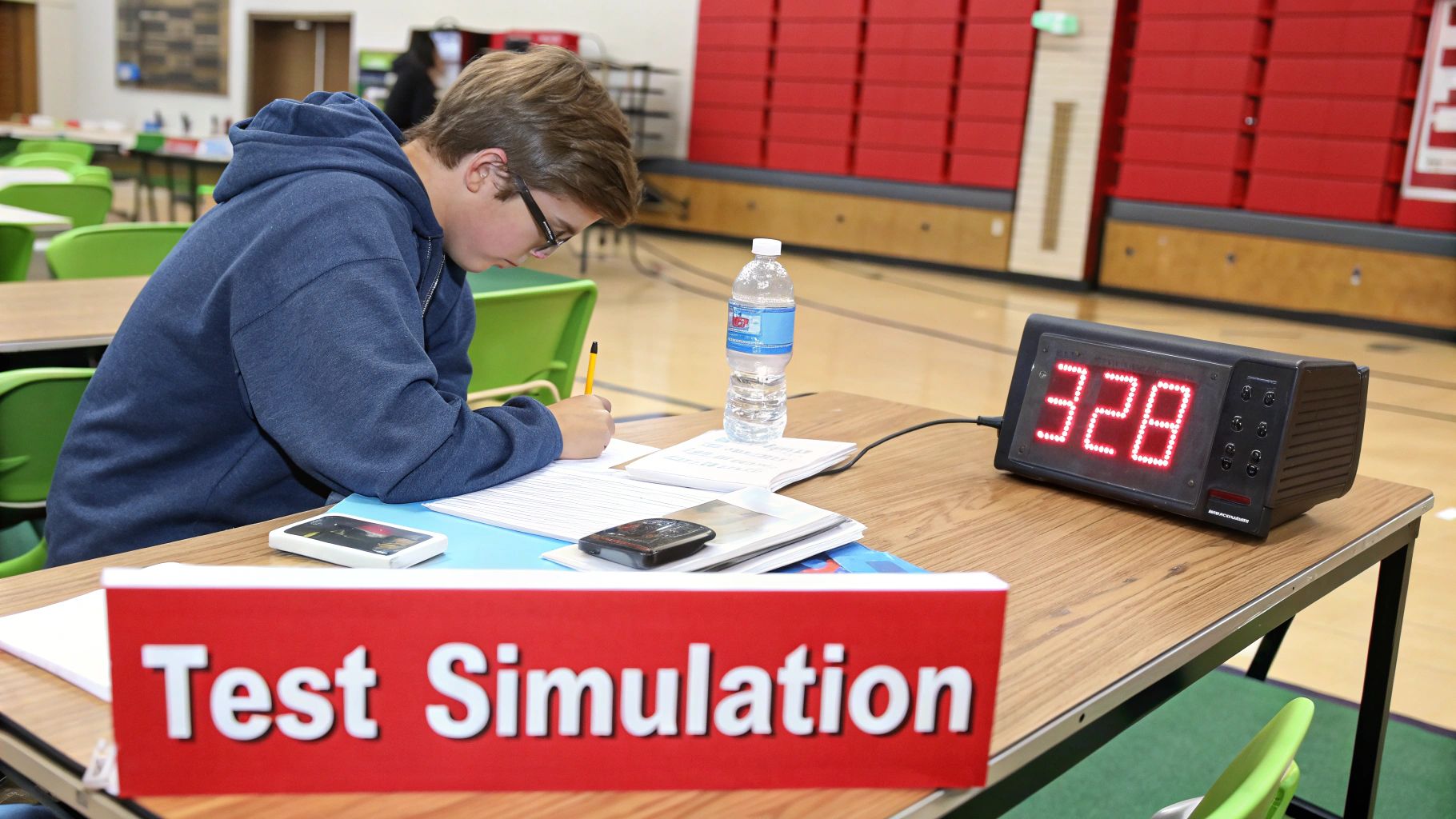 A student in a blue hoodie works on a test simulation at a desk with a digital timer displaying '328'.