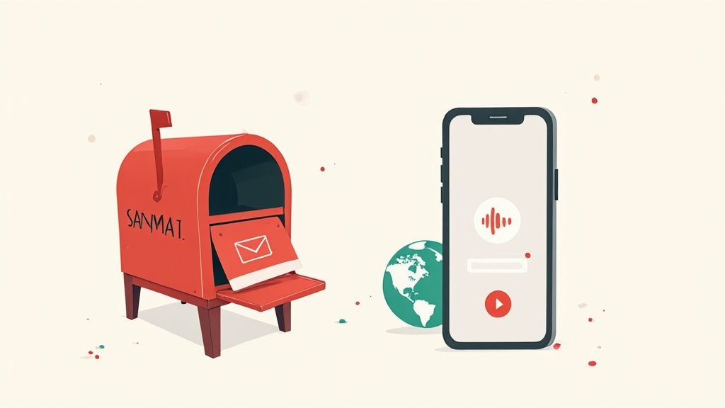 A red mailbox with an envelope and a smartphone displaying audio waves next to a globe.
