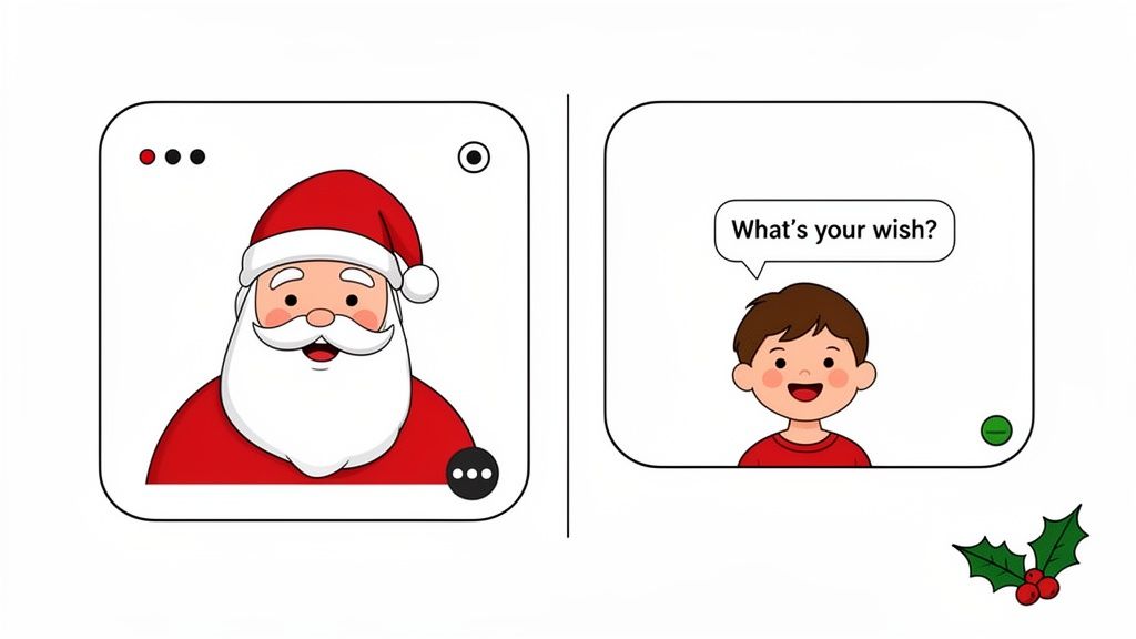 A happy boy having a virtual video call with Santa Claus, who asks "What's your wish?".