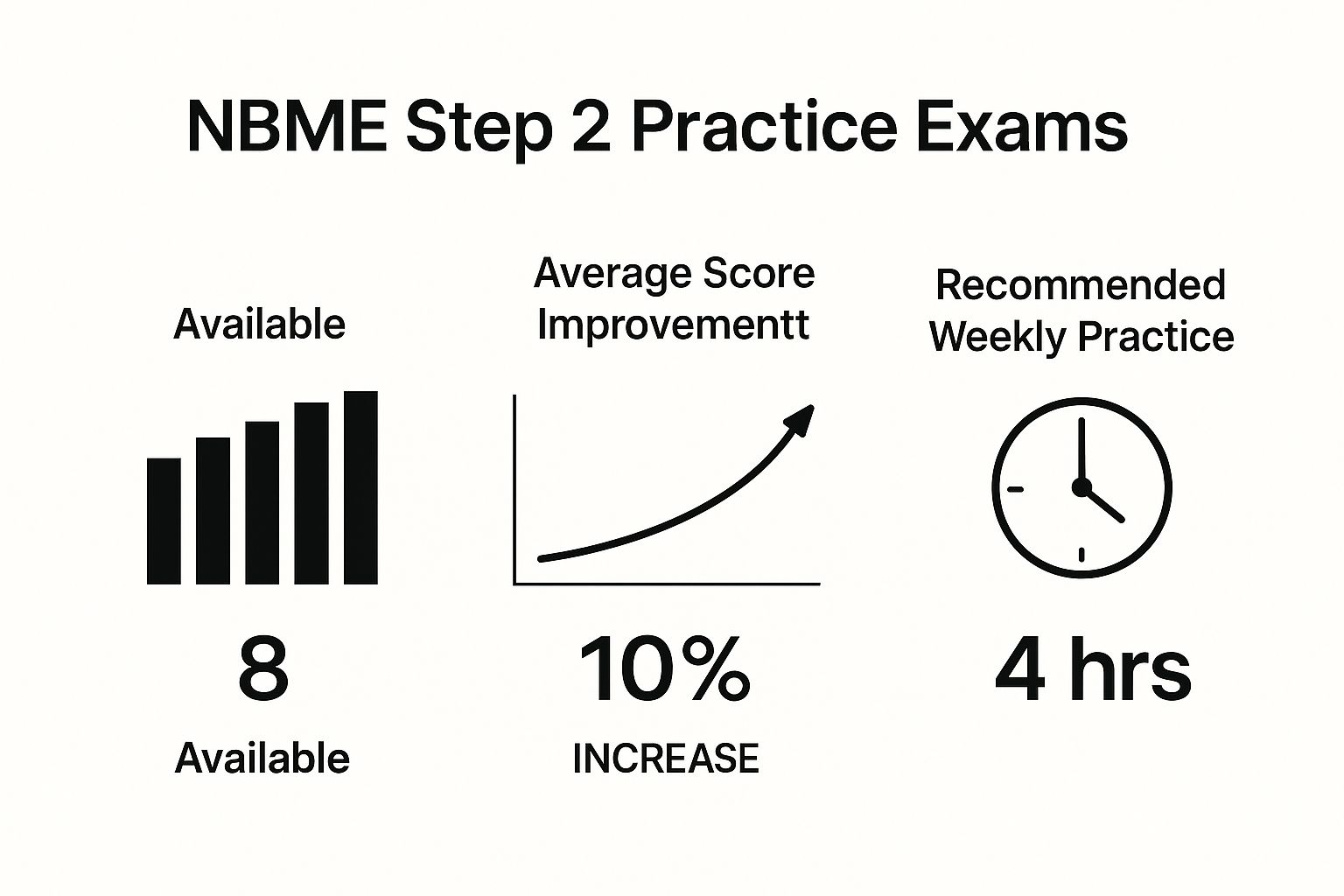 Infographic visualizing the number of NBME Step 2 practice exams, average score improvement, and recommended weekly study hours.