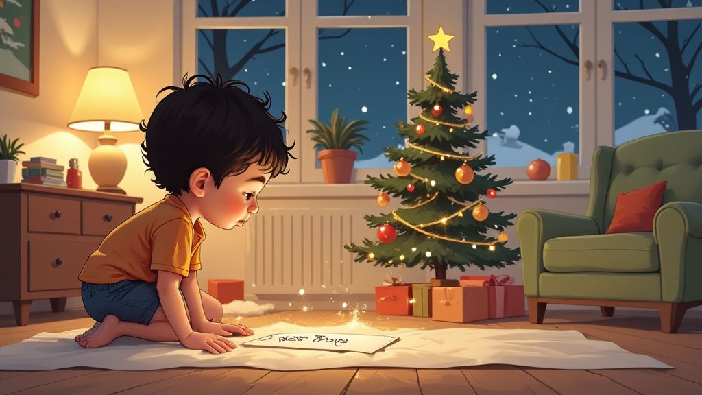 A young boy writes a letter on the floor by a glowing Christmas tree on a snowy night.