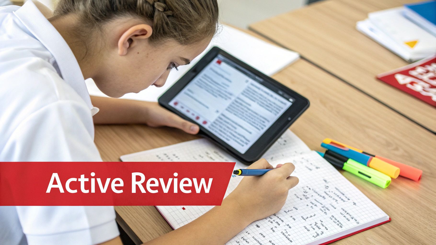 A student reviews notes on a tablet and writes in a notebook with highlighters nearby.
