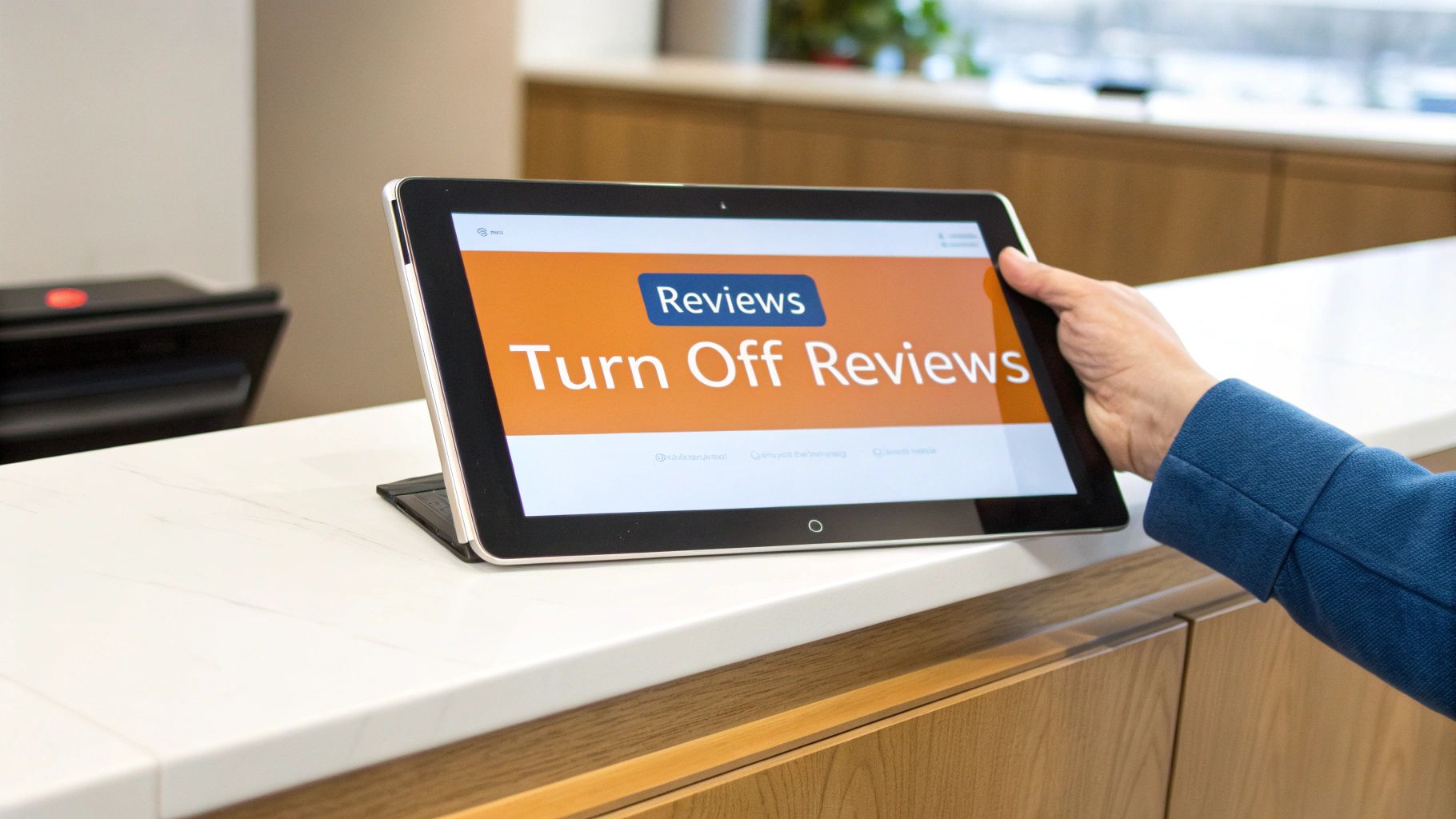 A person's hand touches a tablet displaying 'Turn Off Reviews' on an orange screen, sitting on a white counter.