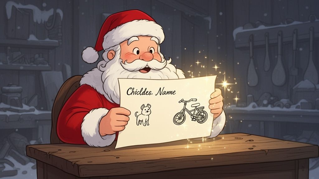 Santa Claus happily holds a glowing Christmas list showing drawings of a dog and a bicycle.