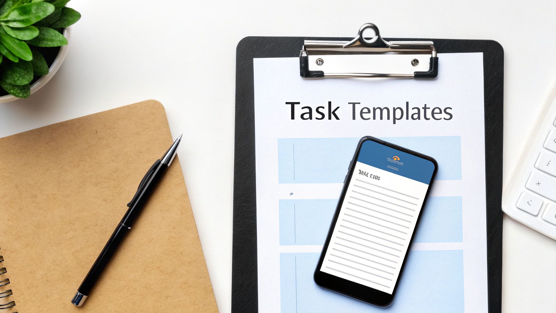Flat lay of a desk with a clipboard titled 'Task Templates', a smartphone, notebook, pen, and plant.