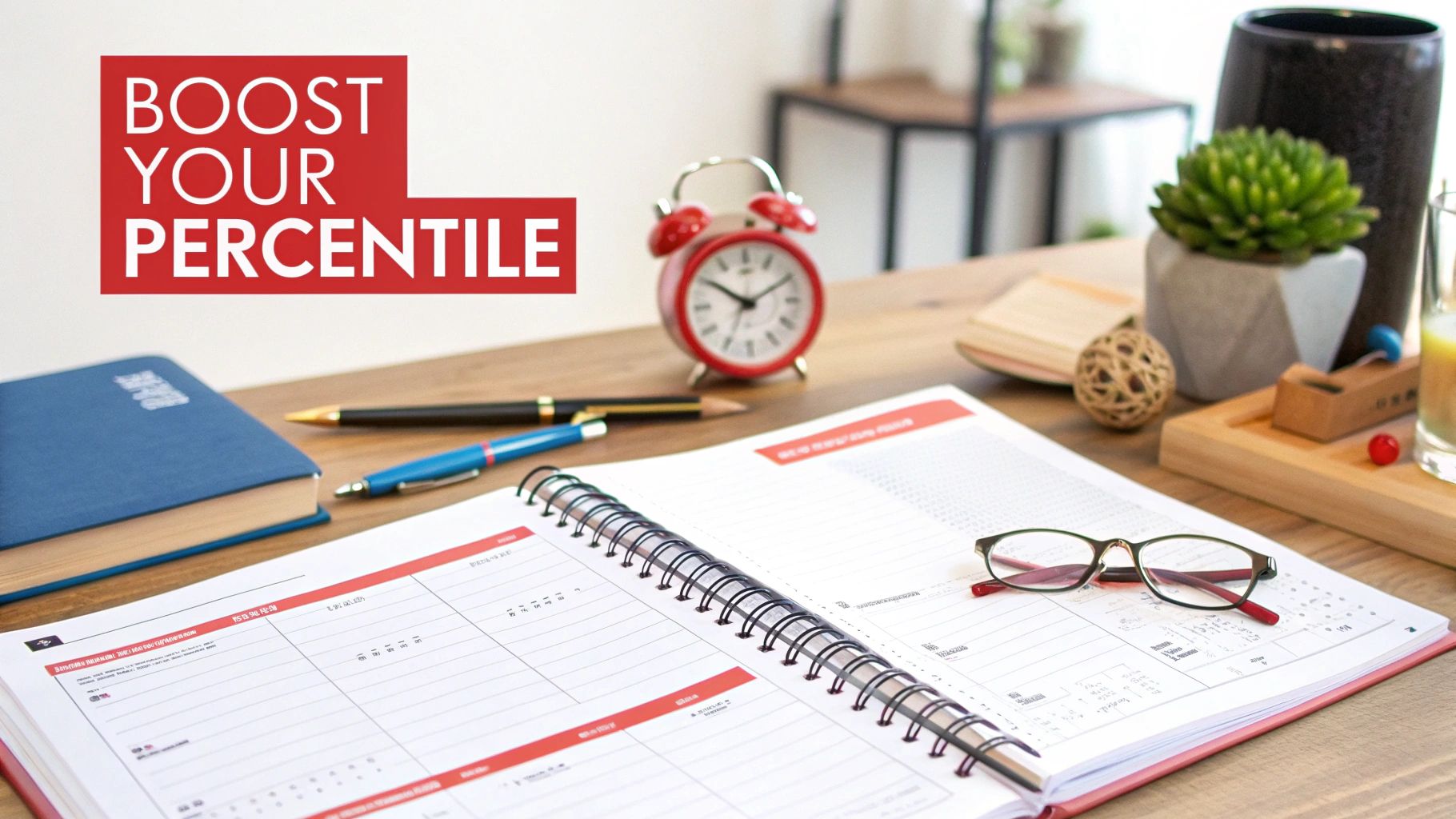 A study desk with an open planner, pens, glasses, a book, and a red alarm clock.