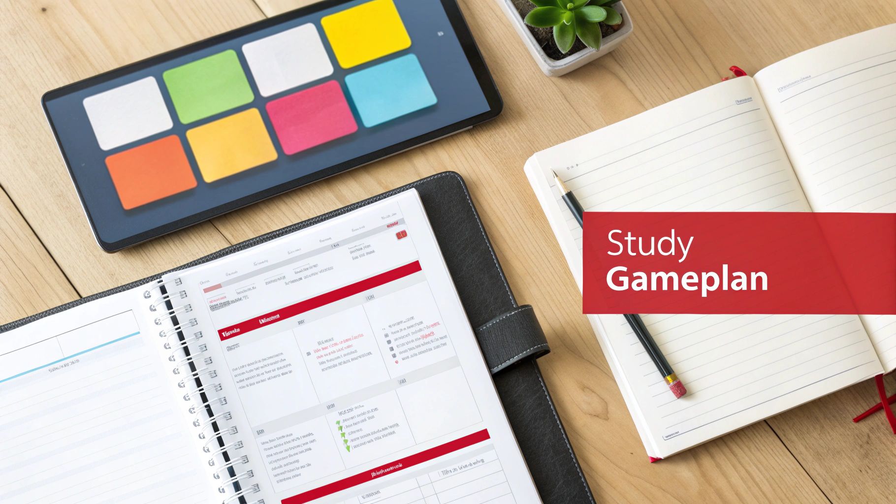 A study gameplan with a tablet, planner, notebook, pen, and plant on a wooden desk.
