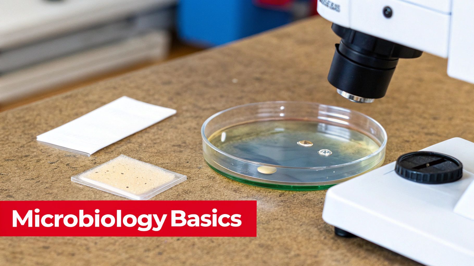 Close-up of a petri dish with culture, a microscope, and other lab materials for microbiology research.