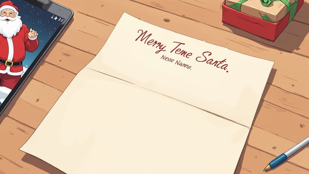 A letter to Santa on a wooden desk, with a phone showing Santa, a gift, and a pen.