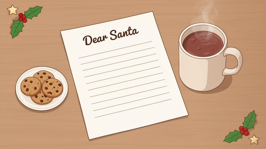 A Christmas scene featuring a 'Dear Santa' letter, chocolate chip cookies, and a steaming mug of hot chocolate.