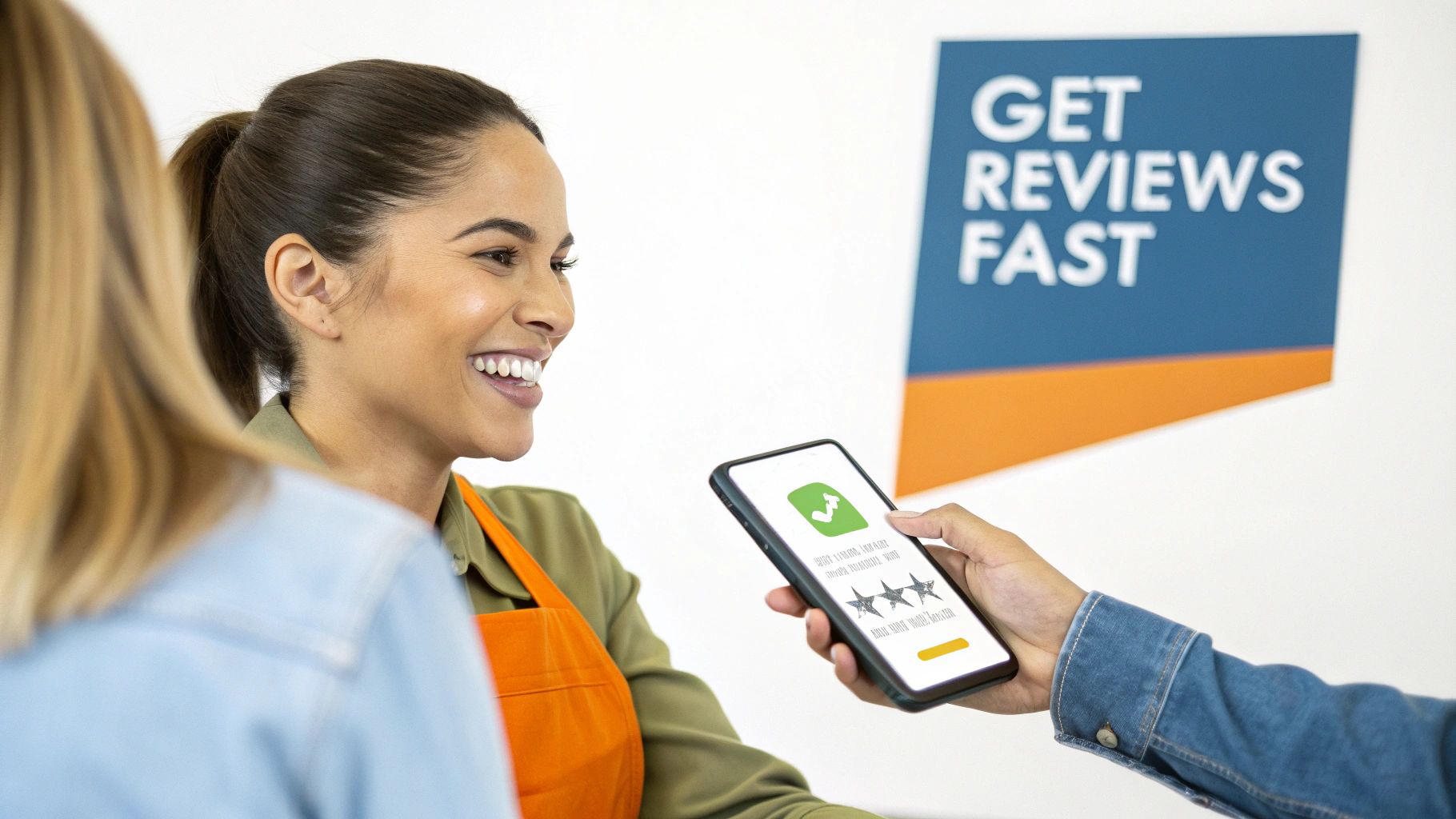 Smiling store associate watches customer leave a 3-star review on a phone, with a 'Get Reviews Fast' sign.