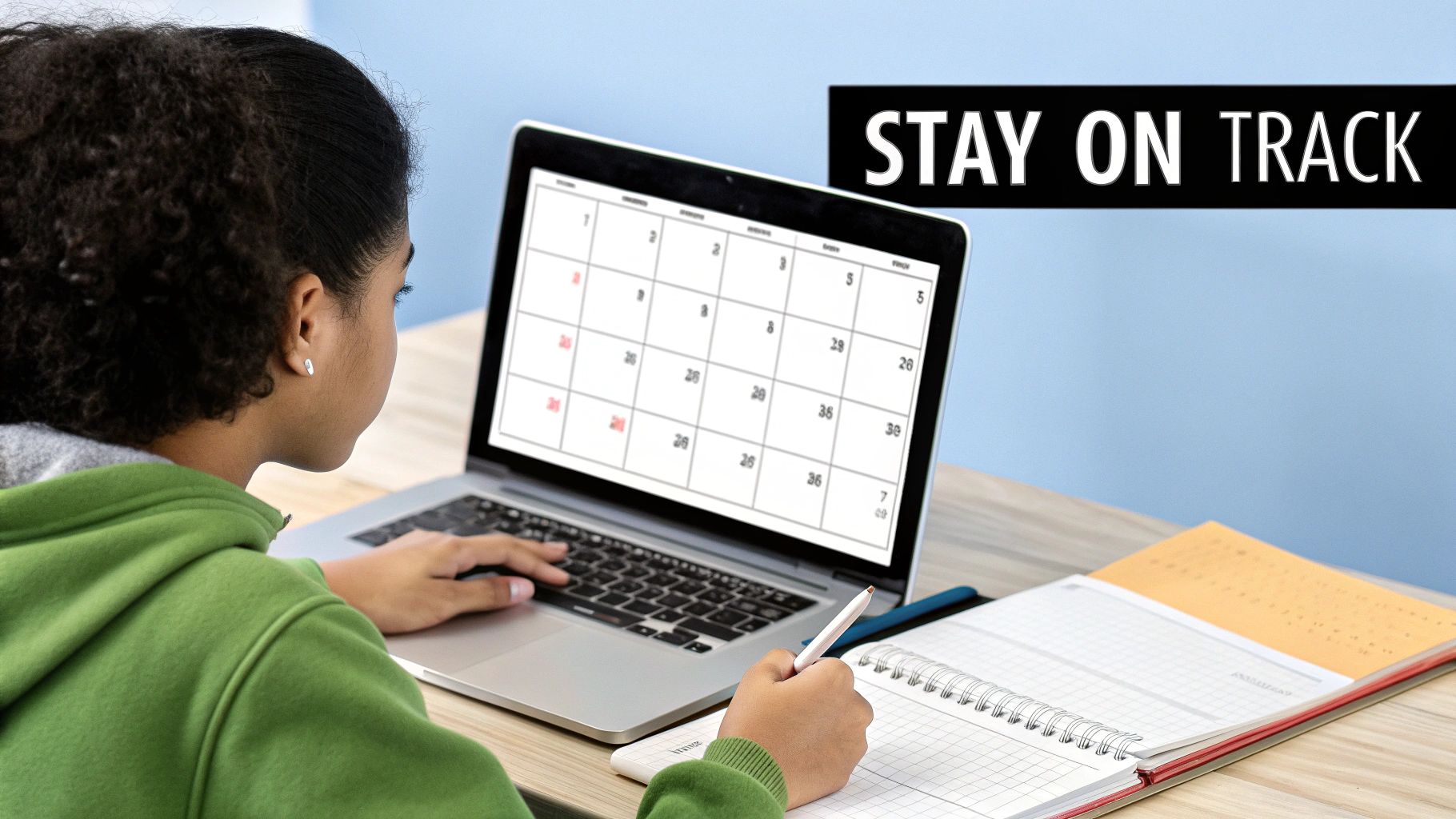 A medical student looking at a USMLE Step 1 study calendar on a laptop