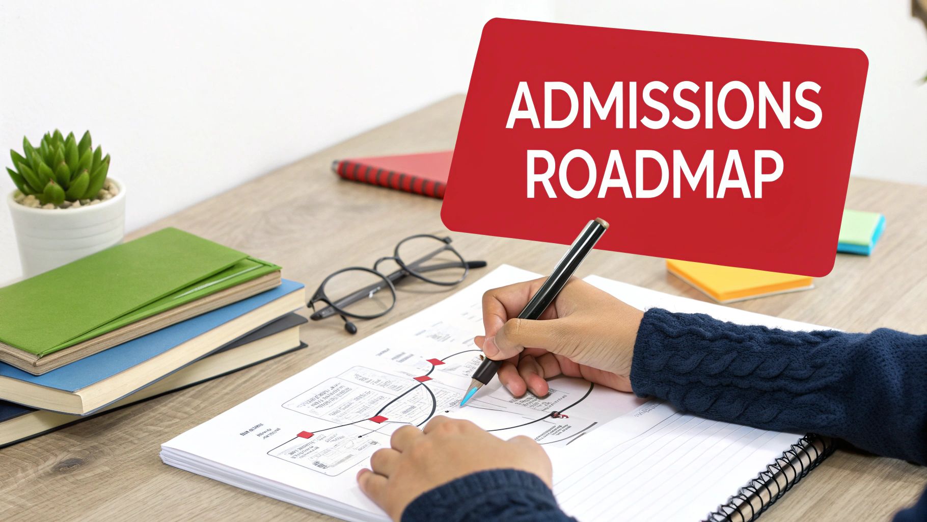 A person planning an admissions roadmap on a desk with books and glasses.