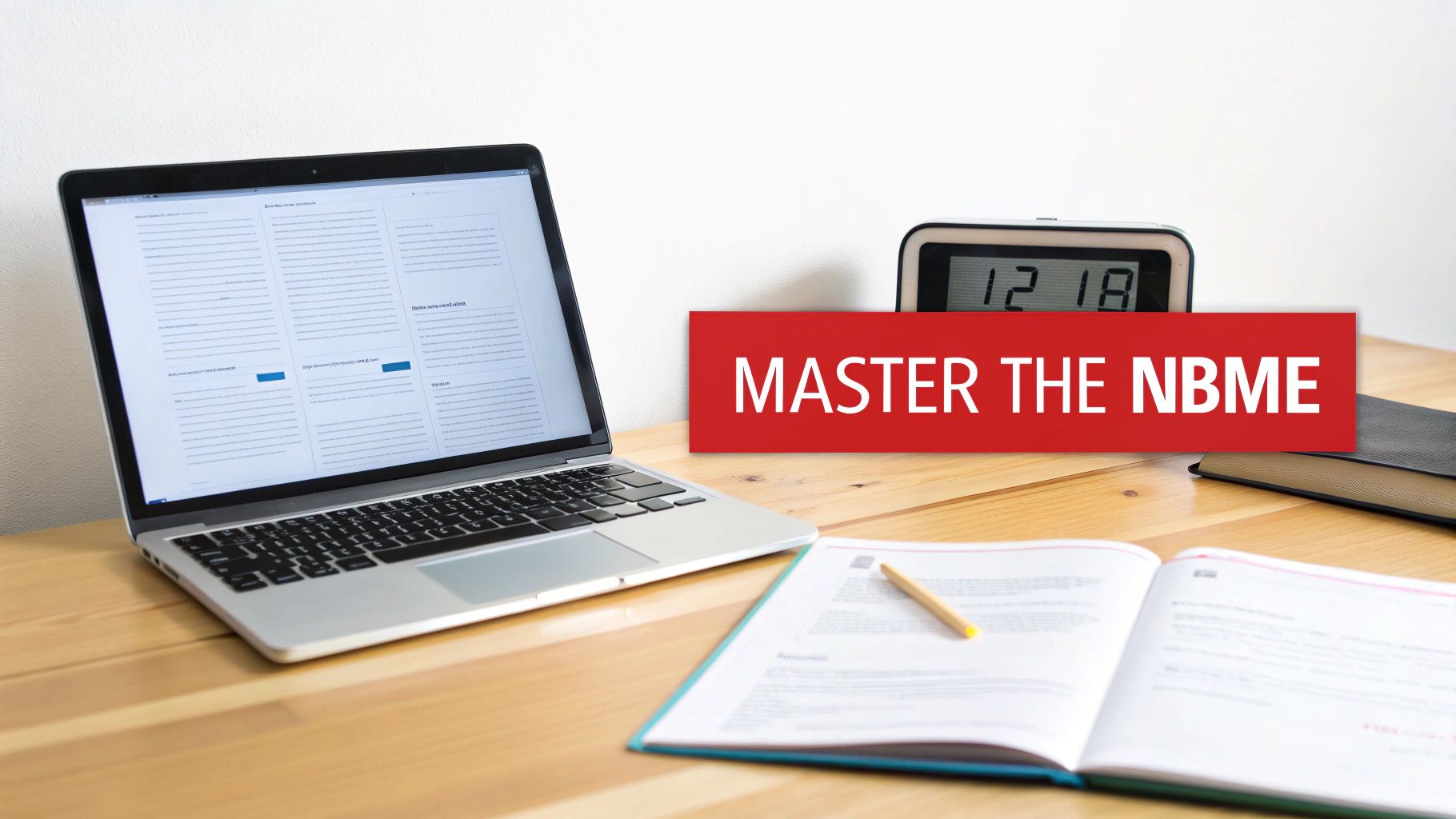 A study desk with a laptop, books, a clock, and a red banner reading 'MASTER THE NBME'.