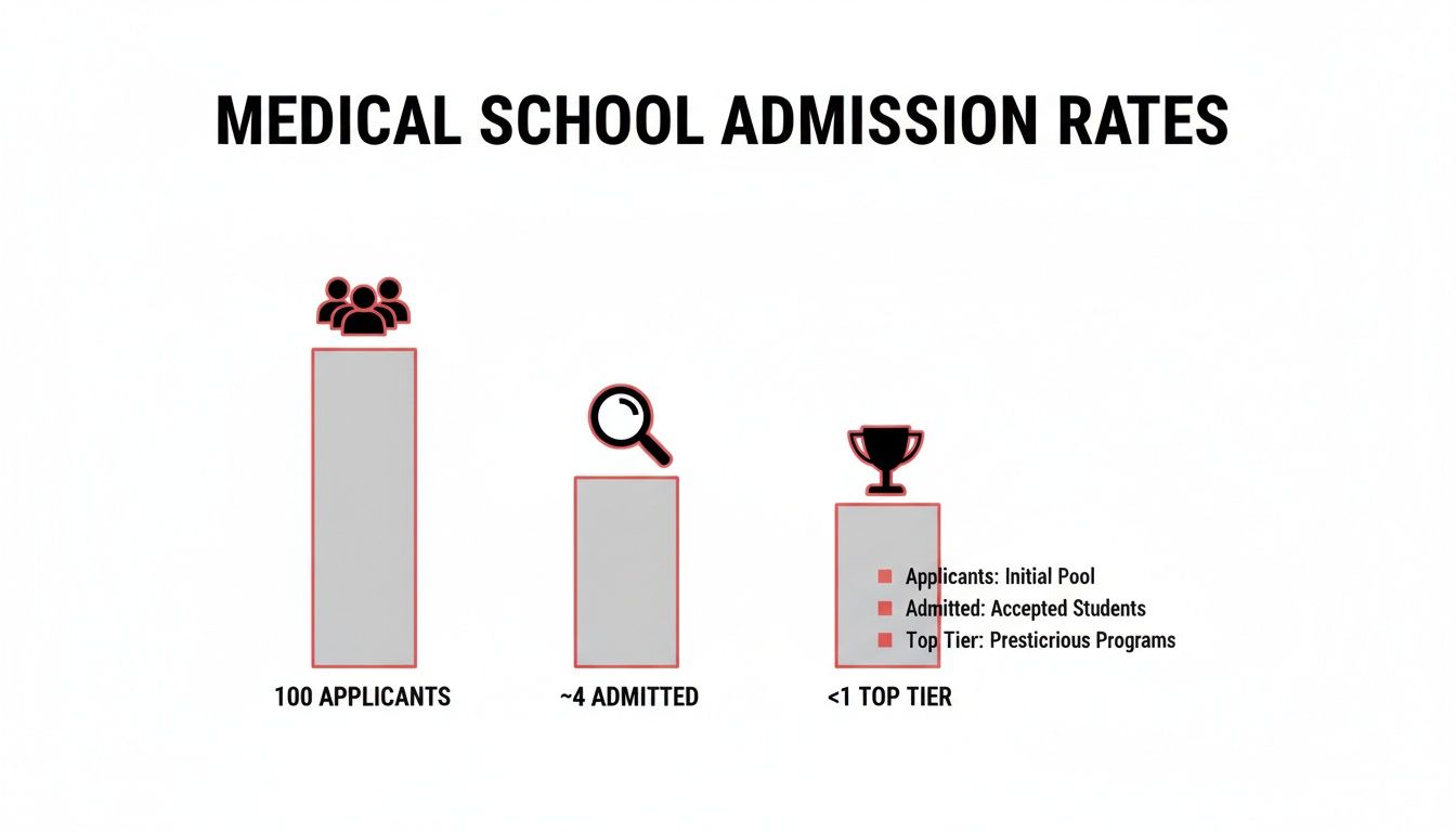 Infographic showing medical school admission rates: 100 applicants, ~4 admitted, less than 1 to top tier programs.
