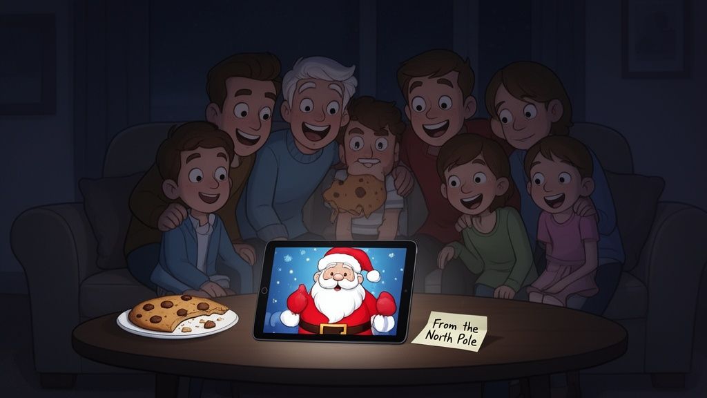 A multi-generational family happily watching a video message from Santa Claus on a tablet in the dark.