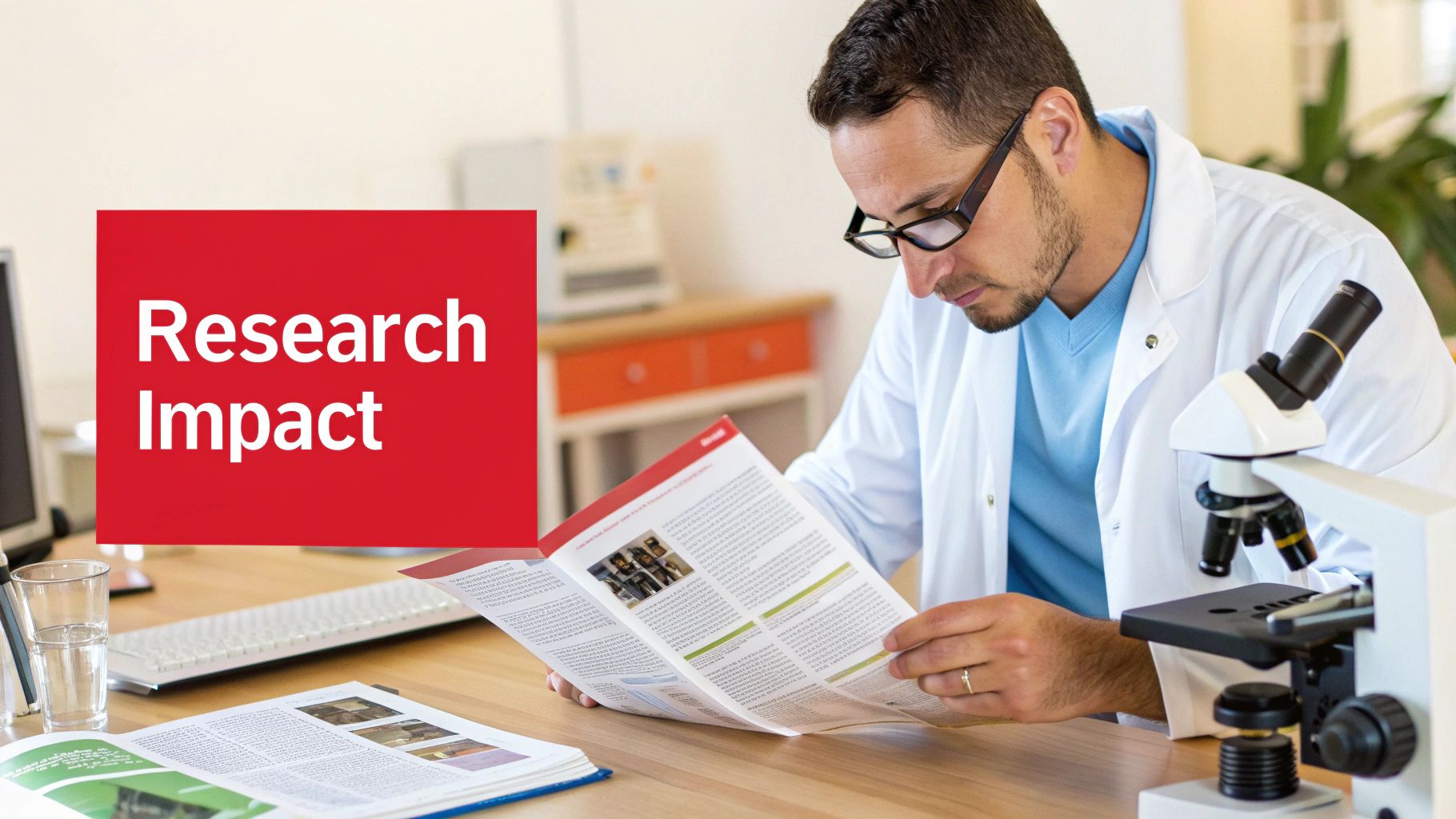 A male researcher in a lab coat reads a brochure titled "Research Impact" next to a microscope.